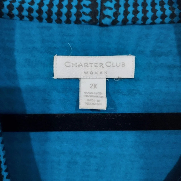 Charter Club Teal Blue & Black Houndstooth Tieneck Long Sleeve Blouse in Size 2X - Picture 2 of 10